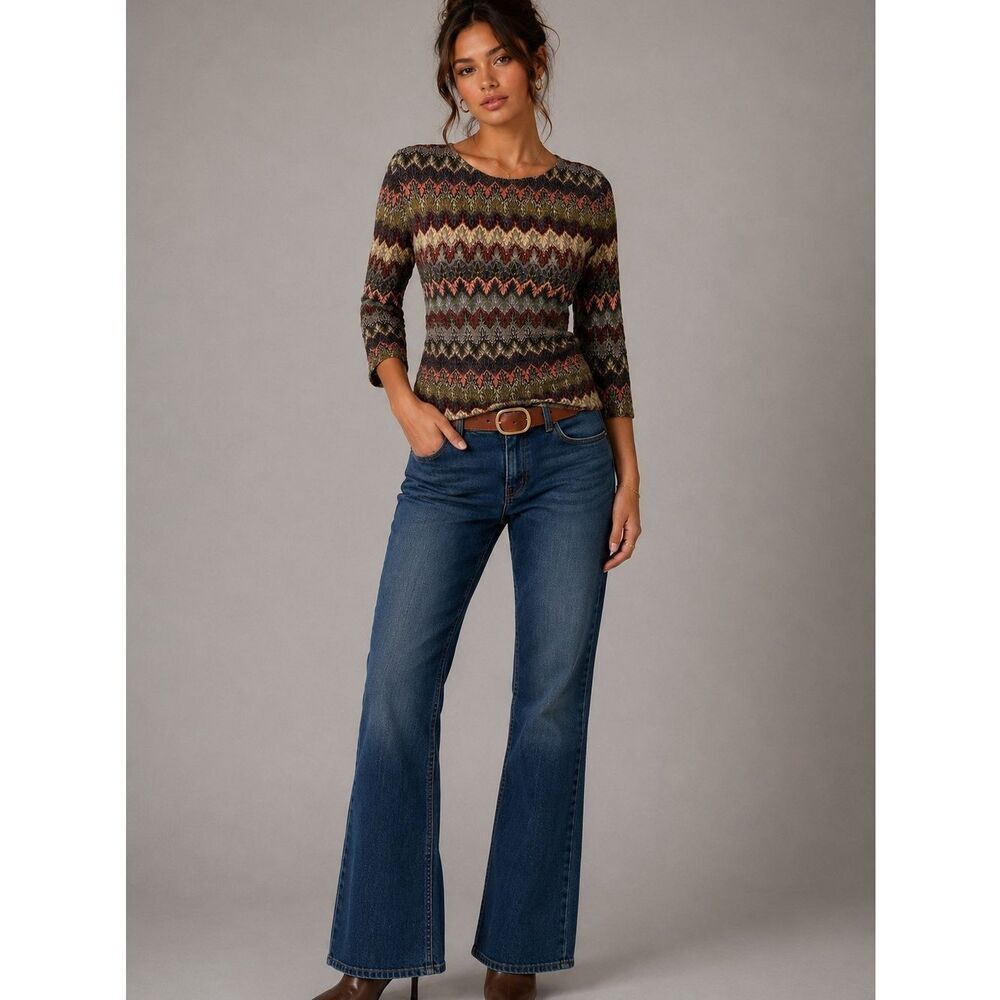 Jaipur Green Brown Orange chevron Boho Aztec tribal Zigzag Knit Top 3/4 Sleeve S